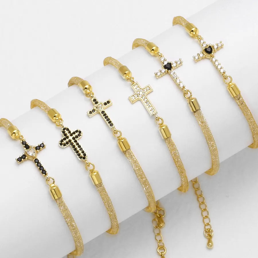 Cross wristband, 18K gold plated with zircon inlay