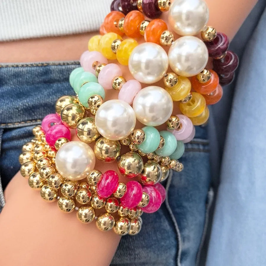 Geometric beaded bracelet, CCB with imitation pearl accents