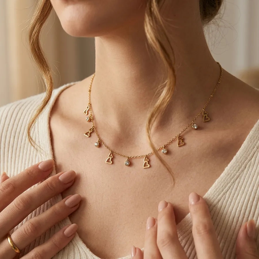 Geometric double heart necklace, zircon inlay, gold plated