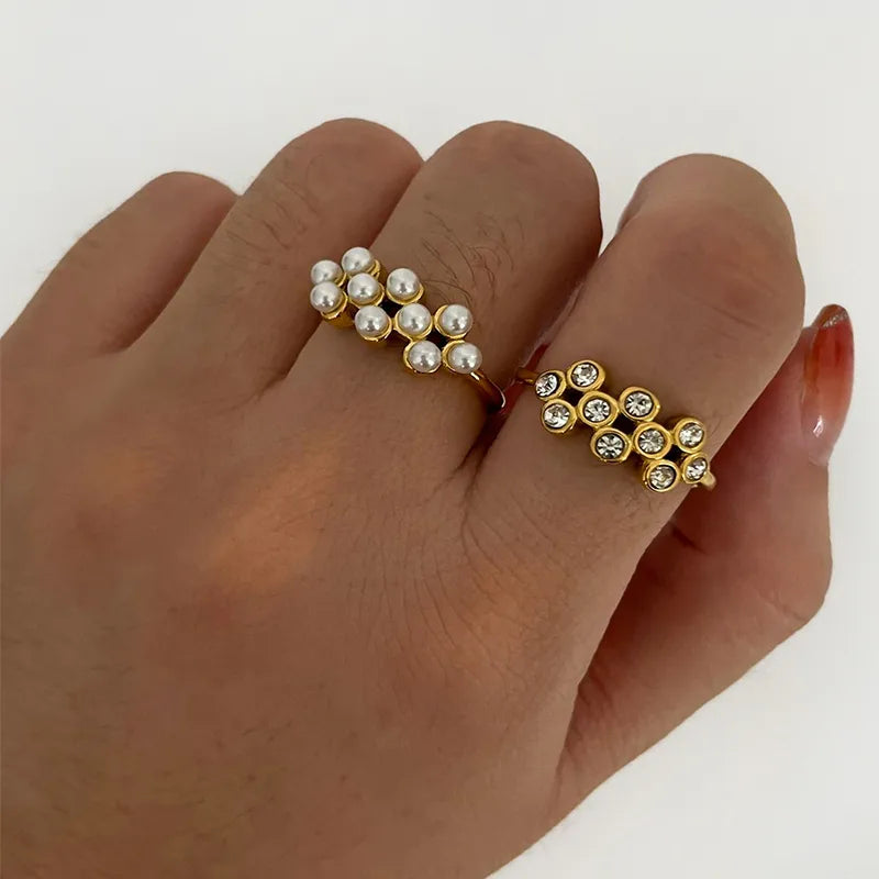 Geometric open ring, 18K gold plated with pearl and zircon inlay