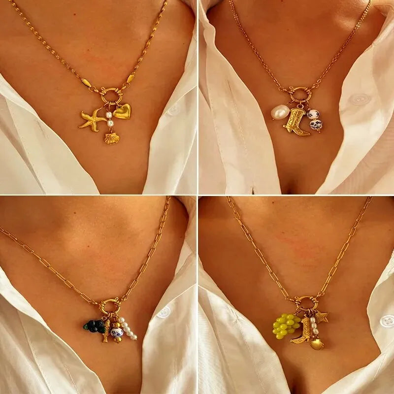 Nordic geometric starfish pendant necklace, 18K gold plated with freshwater pearl