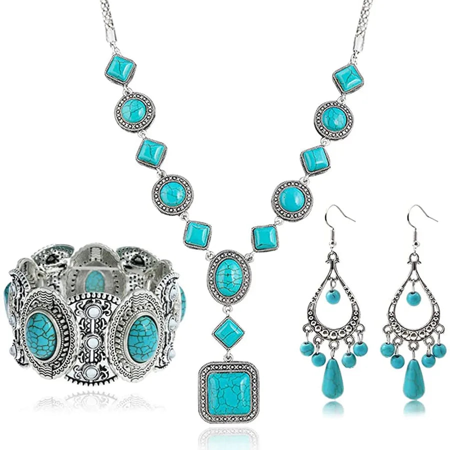 Retro turquoise inlay jewelry, square and oval pattern