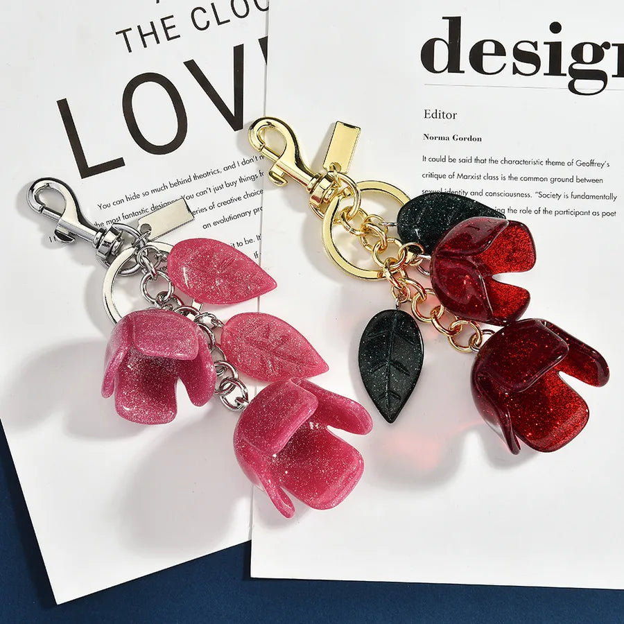 Rose flower bag charm, alloy, red and pink