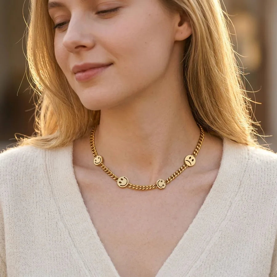 Smiley face Cuban link necklace, 18K gold plated