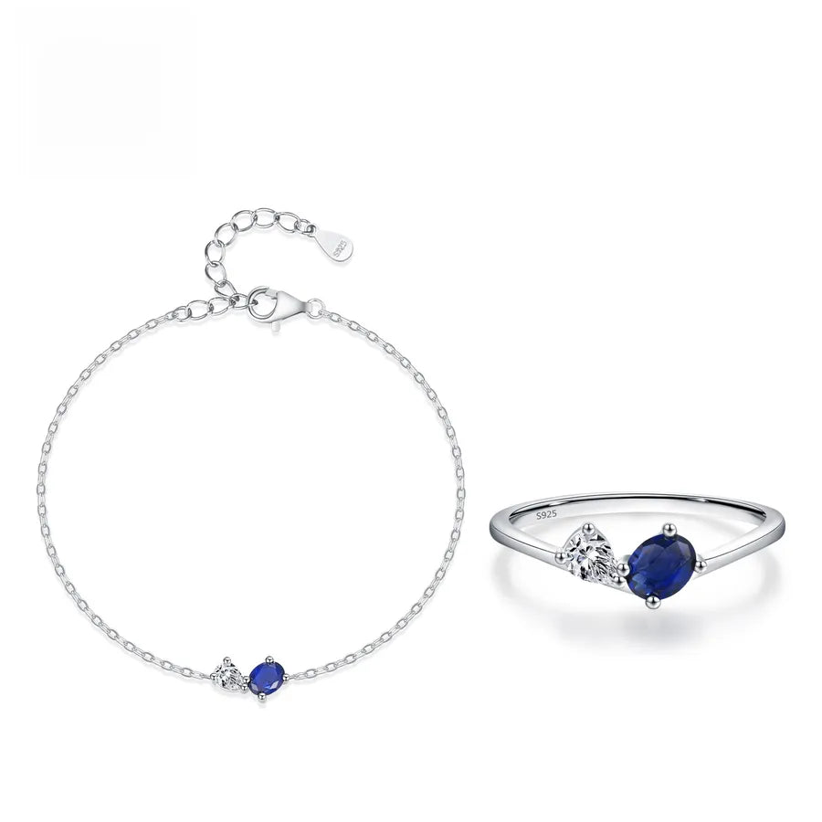 Sterling silver geometric bracelet and ring set, zircon inlay
