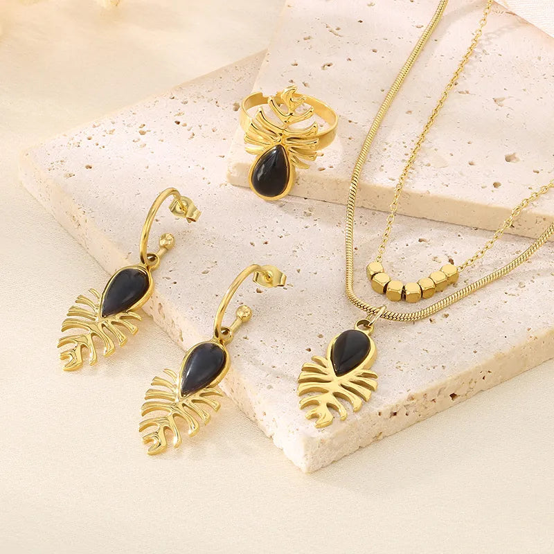 Vintage leaves jewelry set, 18K gold plated